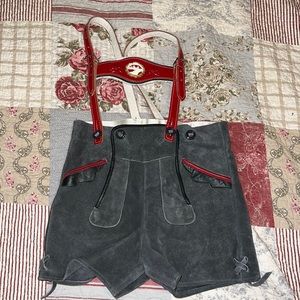 German lederhosen gray suede leather red leather straps kids Octoberfest
